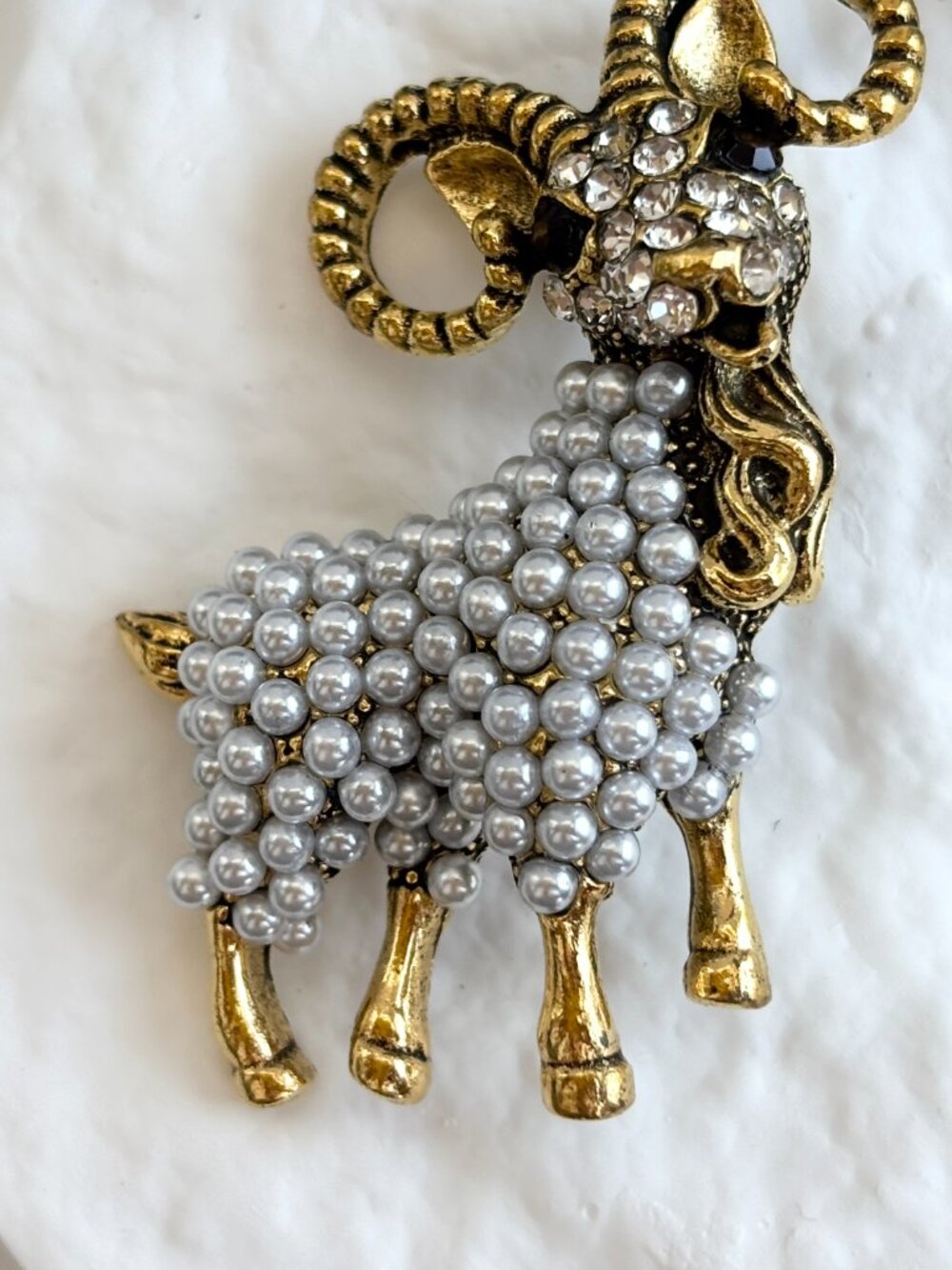 Goat Figural Gold Toned Pearl Accented Vintage Style Textured Brooch Pin - Picture 6 of 15